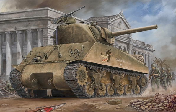 596x380 Wallpaper War, Art, Painting, Tank, Ww2, M4a3 Sherman Images - Sherman Tank Painting