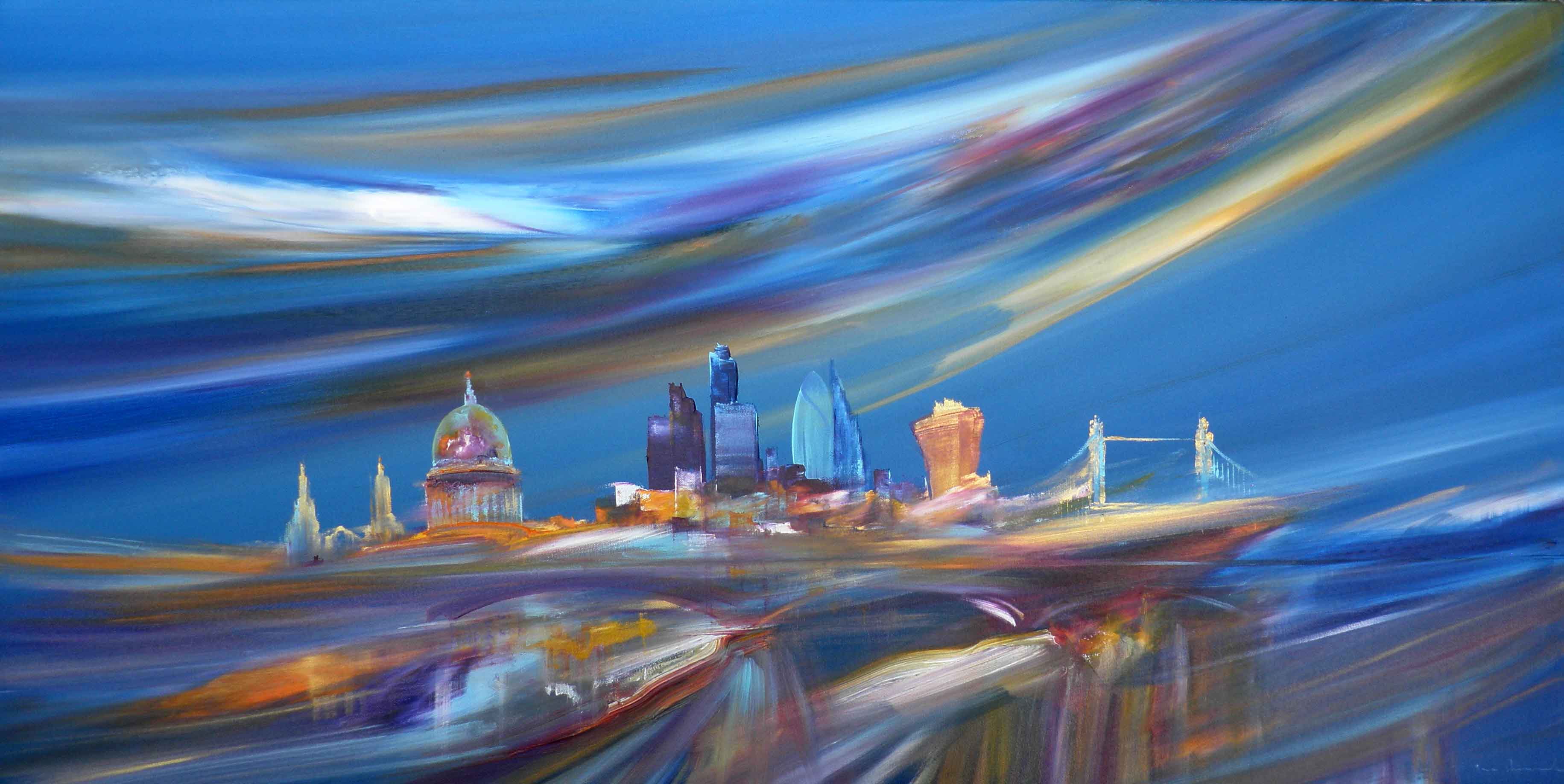 3663x1837 Cityscape Painting Of London In Blues - Sherwood Painting
