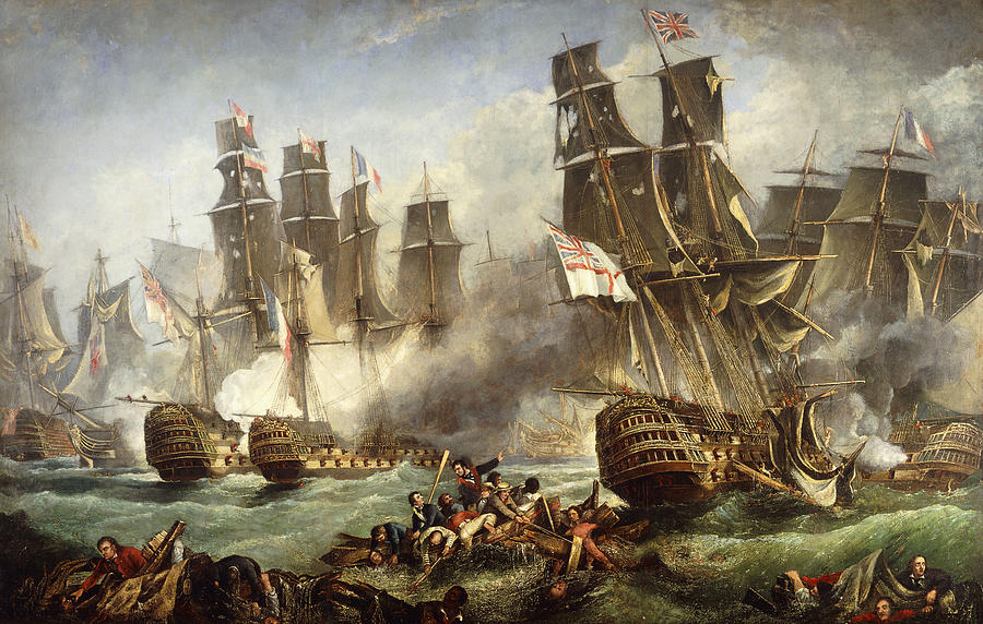 900x572 The Battle Of Trafalgar Painting By English School - Ship Battle Painting