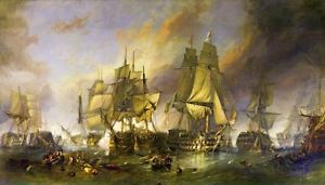 300x171 Battle Of Trafalgar Stretched Canvas Wall Art Poster Print - Ship Battle Painting