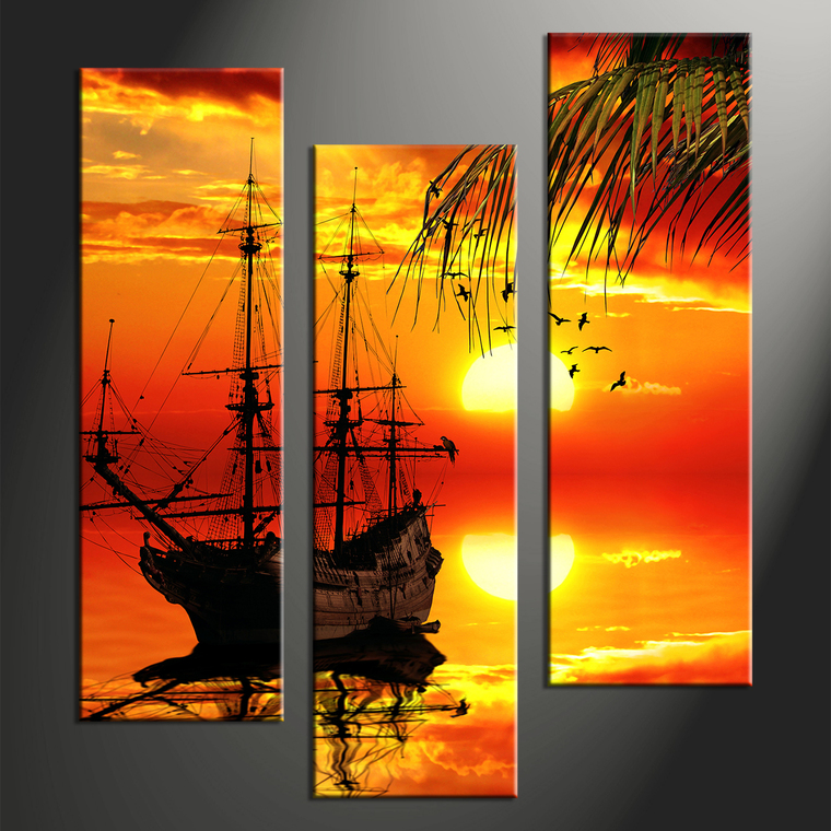 760x760 3 Piece Red Sunset Ship Canvas Art Prints - Ship Canvas Painting