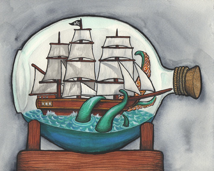 710x568 Ship In A Bottle Being Attacked By A Kraken - Ship In A Bottle Painting
