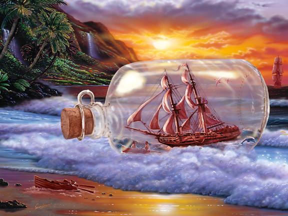 576x432 Ship In A Bottle Art Print Hawaiian Art From Hawaii - Ship In A Bottle Painting