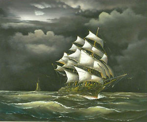 300x250 Oil Painting Seascape Big Sail Boat On Ocean With Waves In Sunset - Ship In Storm Painting