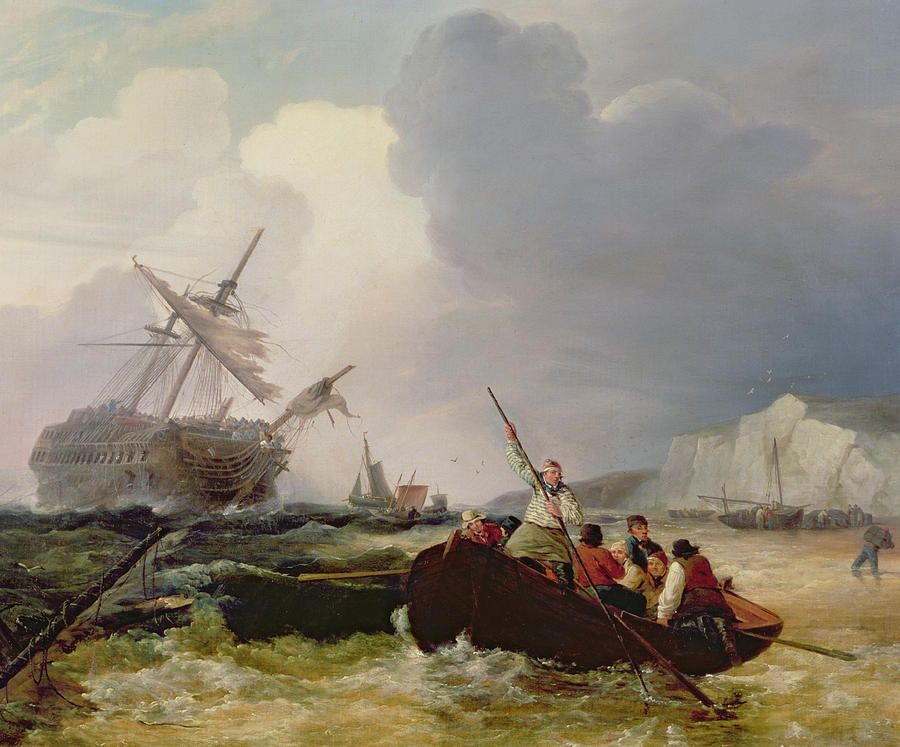 900x747 Rowing Boat Going To The Aid Of A Man O War In A Storm Painting - Ship In Storm Painting