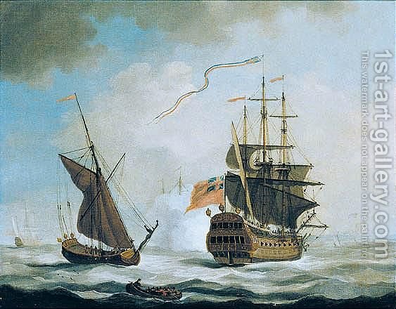 563x440 A Sloop Approaching A Ship Of The Line Francis Swaine Reproduction - Ship Of The Line Painting