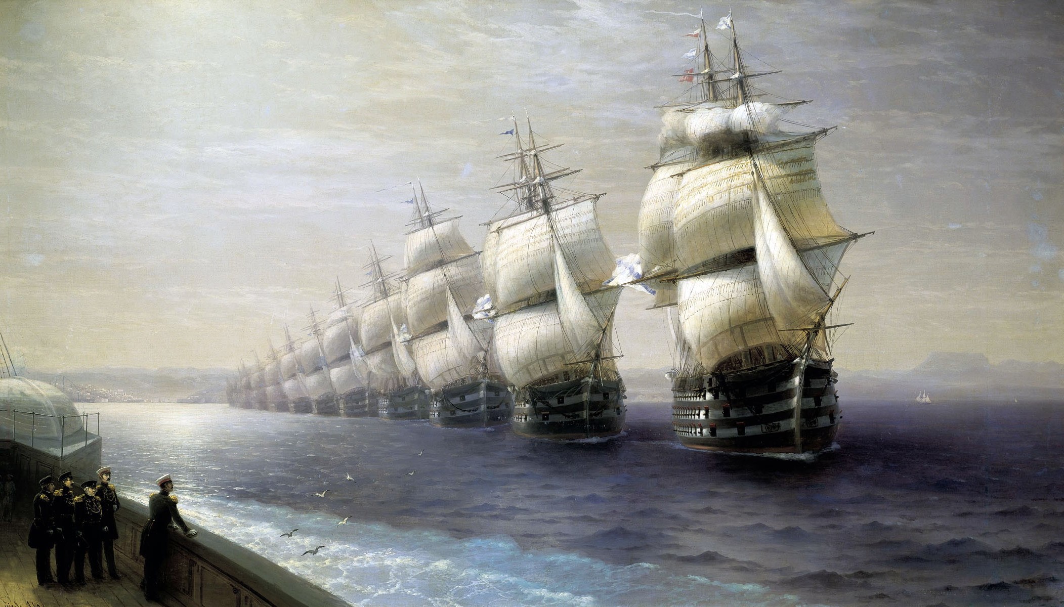 2103x1200 Wallpaper Men, Painting, Sailing Ship, Birds, Sea, Water - Ship Of The Line Painting
