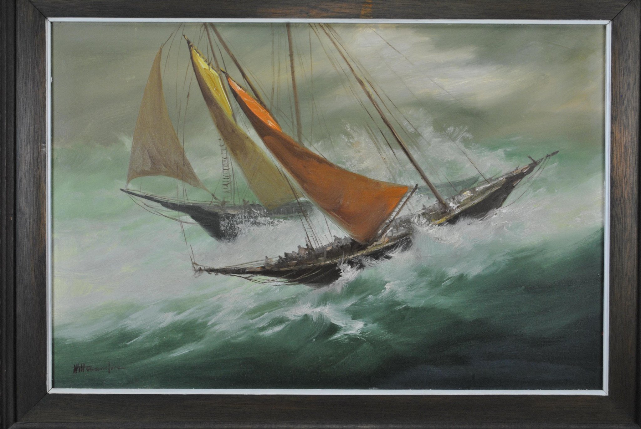 2048x1371 Canvas Sailboat Ship Oil Painting Nautical Signed Framed Large - Ship Oil Painting