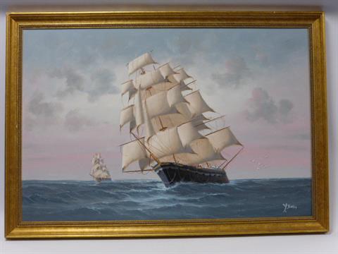 480x360 Large Oil Painting On Canvas Of A Sailing Ship, Signed Y. Jones - Ship Oil Painting Artists