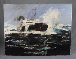 300x233 Large Seascape Nautical Large Vintage Oil Painting Ship - Ship On A Stormy Sea Painting