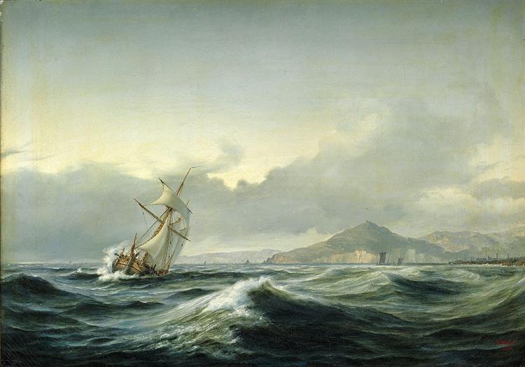 750x524 Seascape With Sailing Ship In Rough Sea, 1844 - Ship On Sea Painting