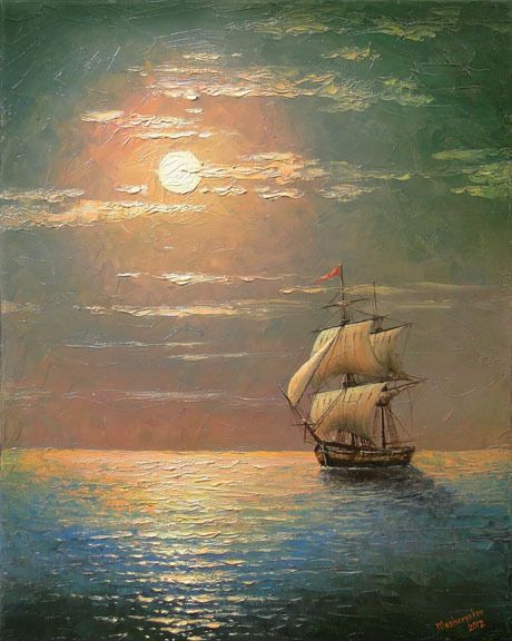 460x576 16x 20 Framed Original Oil Painting Seascape Mediterranean Night - Ship On Sea Painting