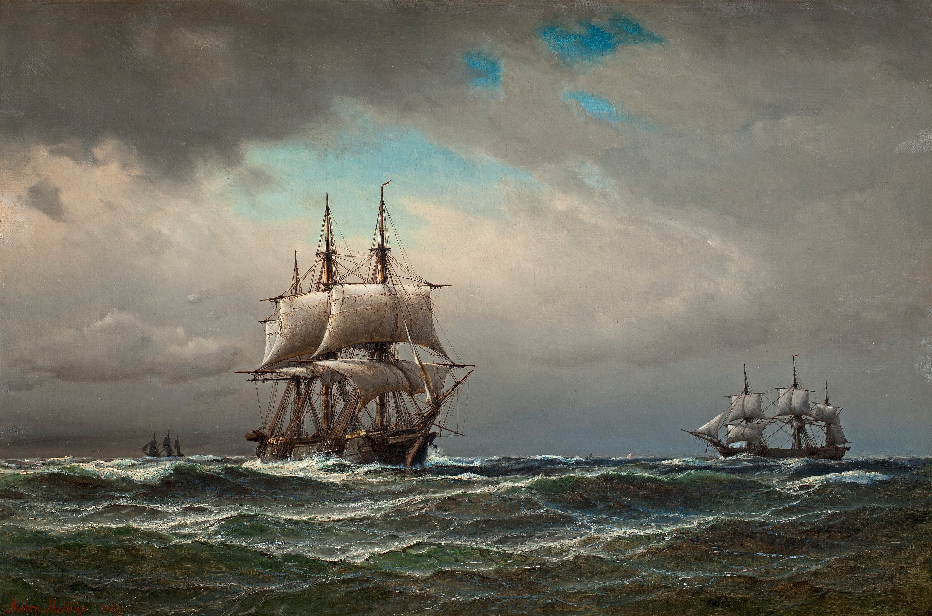 3000x1982 Ship In The Stormy Sea, 1887 - Ship On Sea Painting