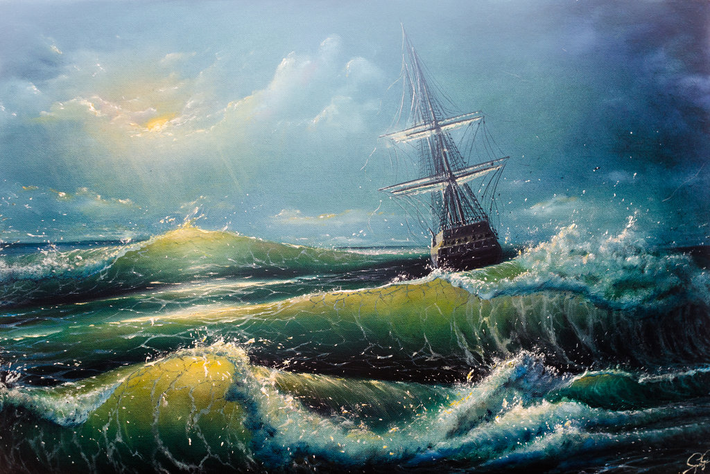 1024x684 The Blue Sea With The Ship A Background By Hitforsa - Ship On Sea Painting