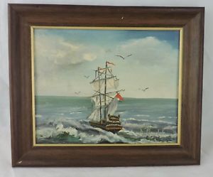 300x249 Vintage Art Oil Board Painting Clipper Ship Seascape Sea Ocean - Ship On Sea Painting