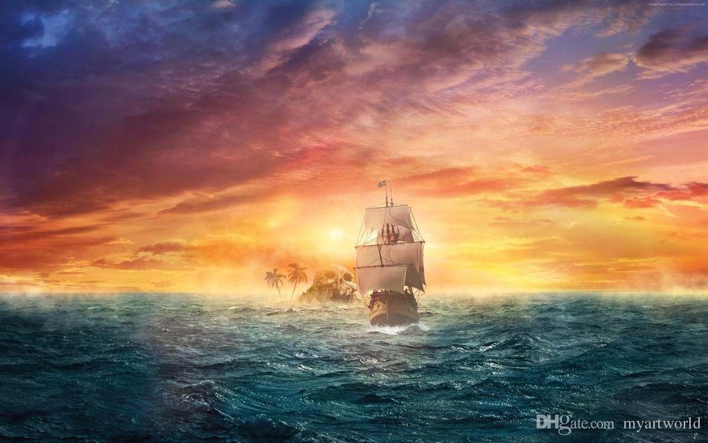 1024x640 2018 Framed Pirate Ship Ocean Sun Hd Art Canvas Prints Oil - Ship On Sea Painting