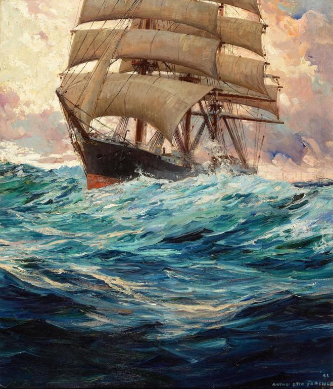 659x768 Anton Otto Fischer - Ship On Sea Painting