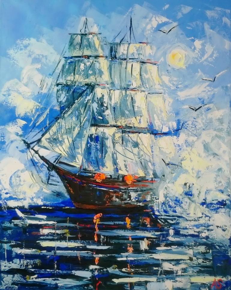 770x969 Saatchi Art Alone Sailing Ship Painting By Alena Shymchonak - Ship Painting