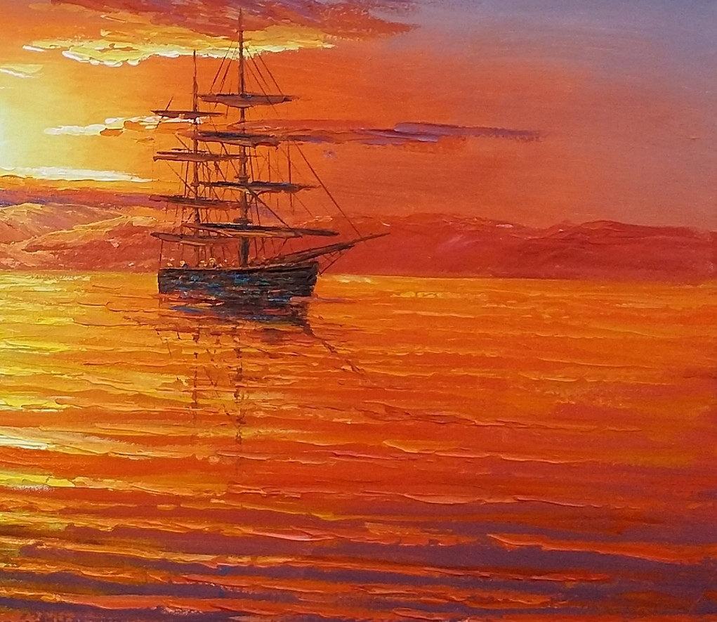 1021x885 Big Ship Painting, Sunset Painting, Canvas Painting, Original - Ship Painting