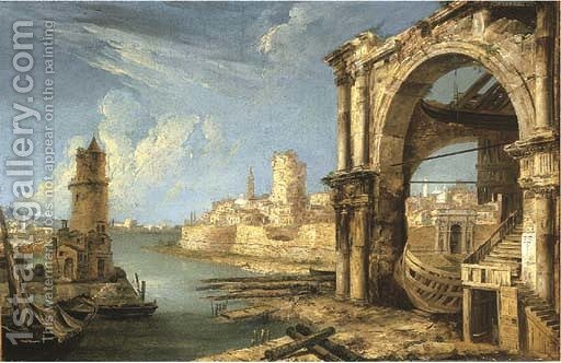 512x332 A Capriccio Of Roman Buildings With A Shipyard By A Lagoon Michele - Shipyard Painting