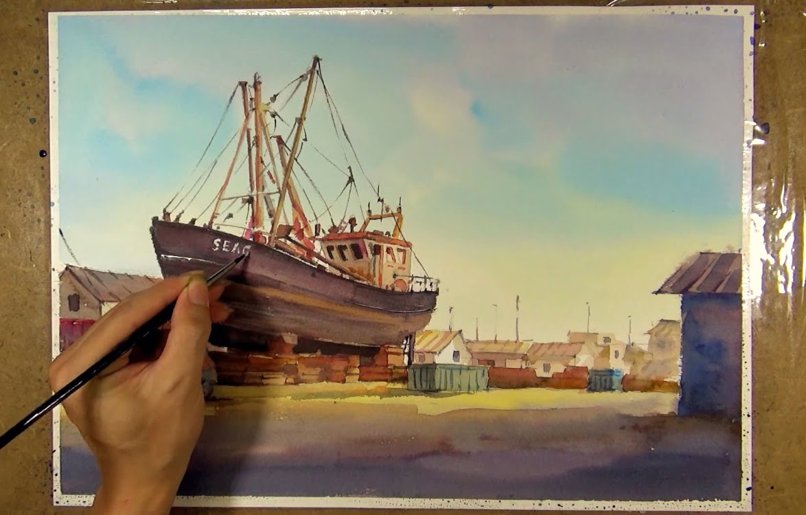 1174x750 Watercolor Painting Fishing Boat In The Shipyard - Shipyard Painting