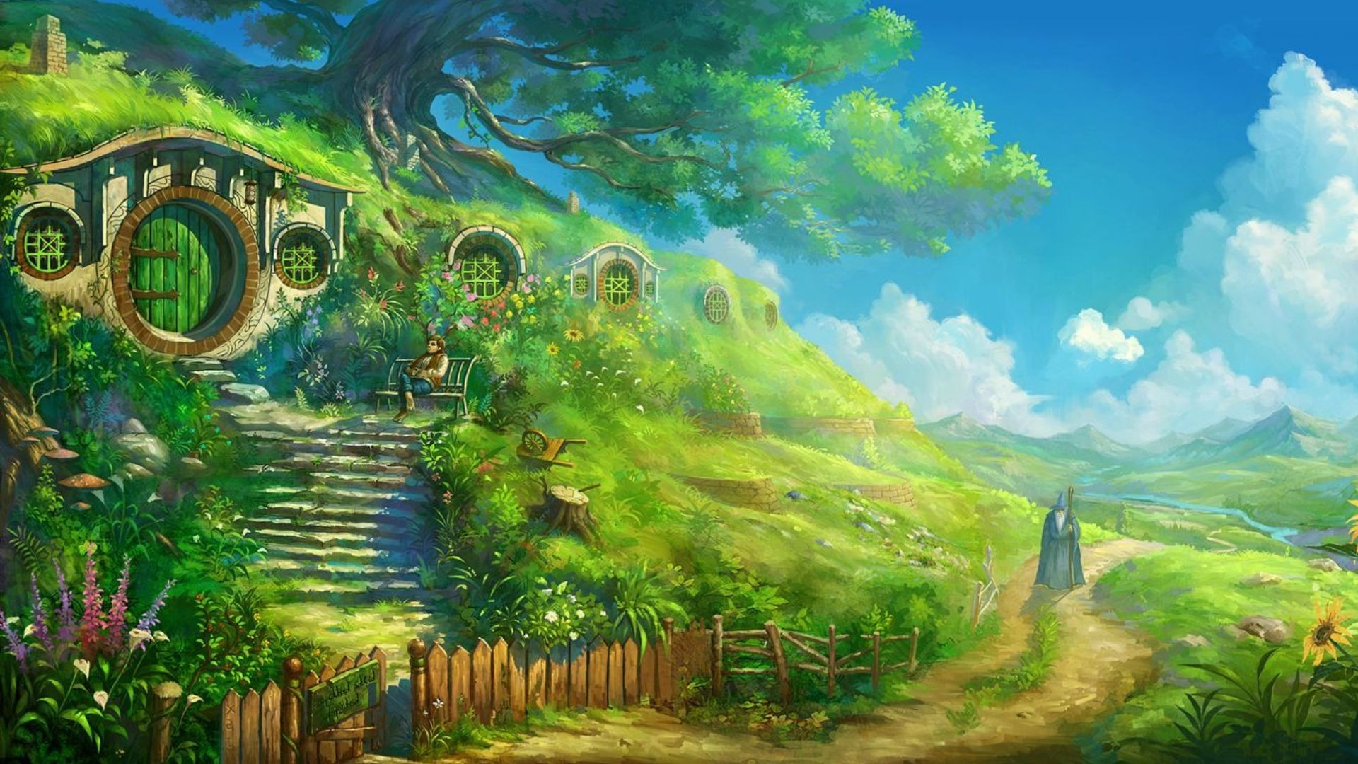 1920x1080 Wallpaper 1920x1080 Px, Artwork, Bag End, Bilbo Baggins, Gandalf - Shire Painting