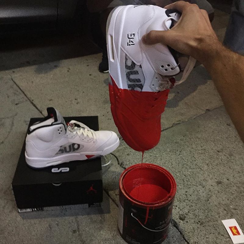 800x800 Here's What A Supreme Air Jordan 5 Looks Like Dipped In Red Paint - Shoe Painting For Jordans