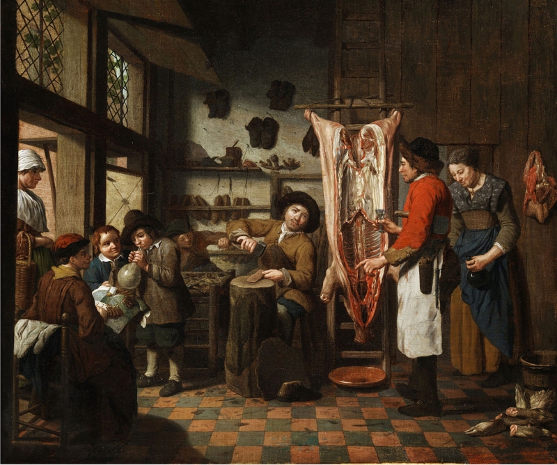 800x668 Workshop With A Shoemaker, A Butcher And A Lacemaker Painting - Shoemaker Painting