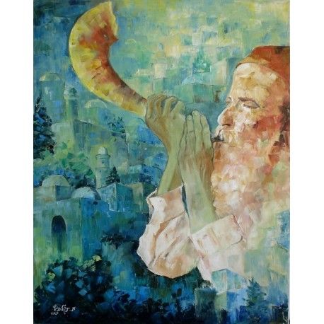 458x458 Menucha Yankelevitch Blowing Shofar Jewish Art Oil Painting - Shofar Painting