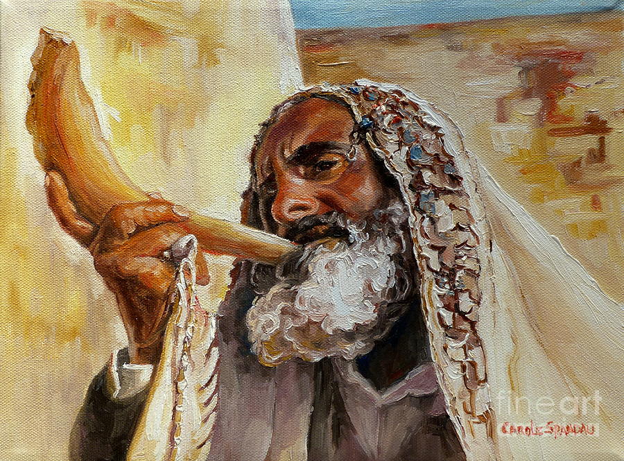 900x665 Rabbi Blowing Shofar Painting By Carole Spandau - Shofar Painting