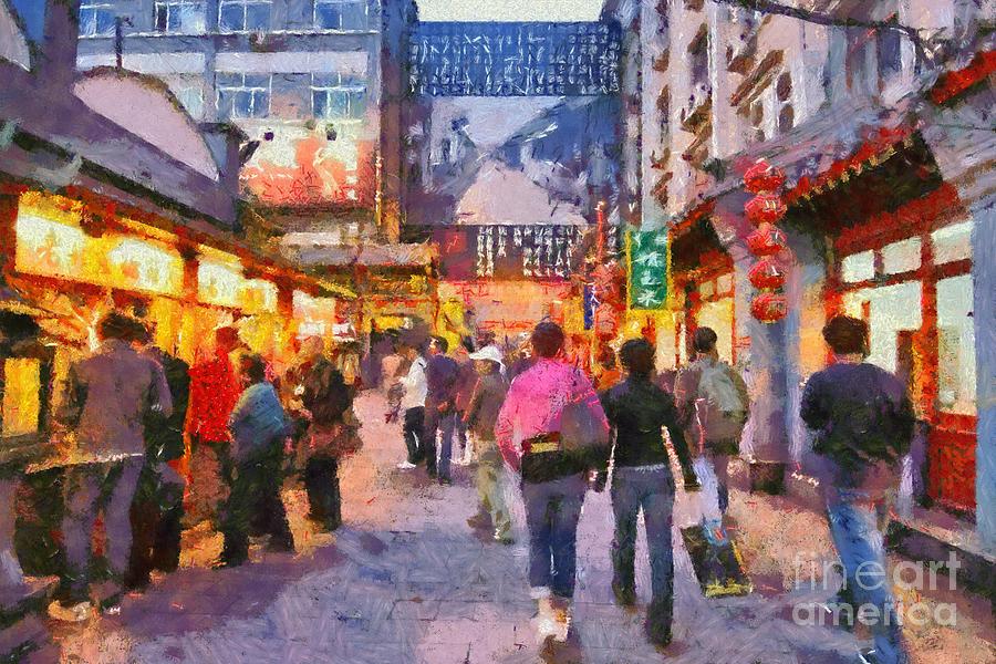 900x600 Traditional Shopping Area Painting By George Atsametakis - Shopping Painting