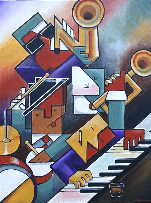520x699 Cubist Jazz And A Real Shot Of Whiskey Painting By Bob Gregory - Shot Painting