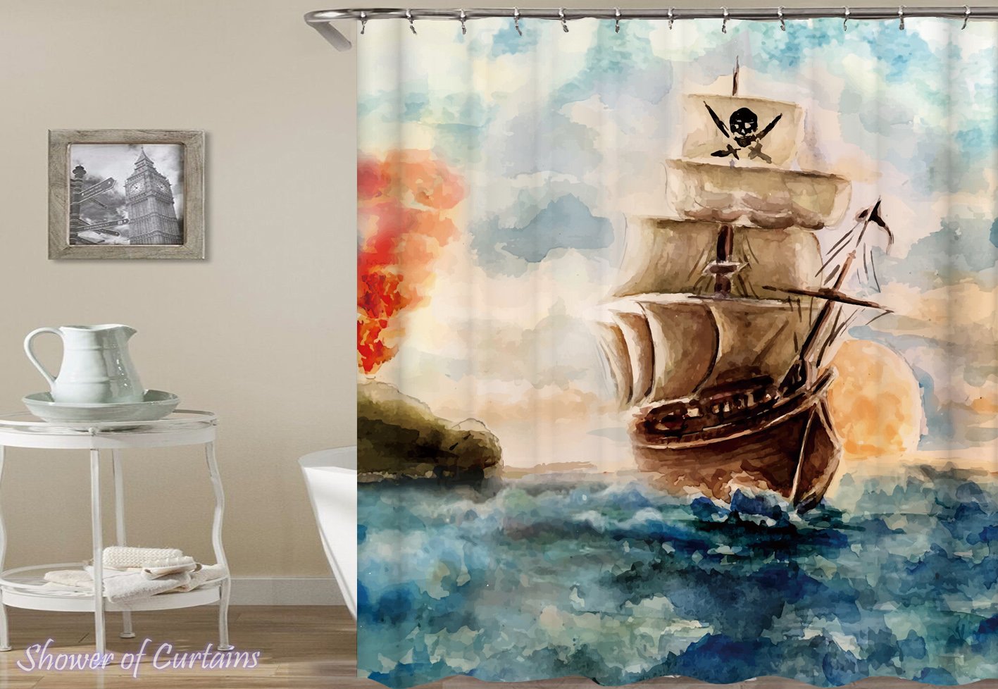 1417x978 Shower Curtains Water Painting Pirate Ship Shower Of Curtains - Shower Painting