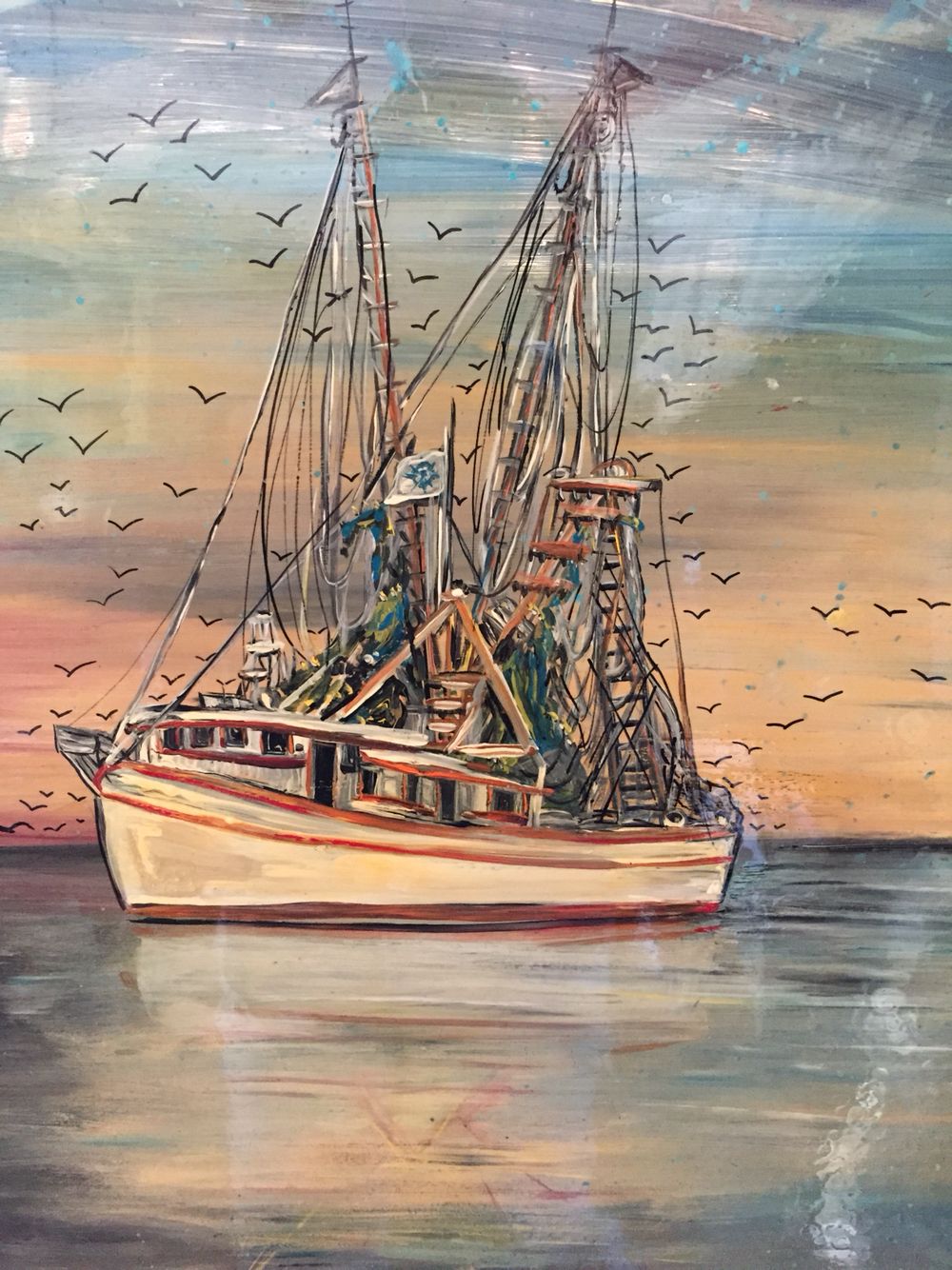 1000x1334 Shrimp Boat Painting On An Old Window ,by Janet Moses - Shrimp Boat Painting
