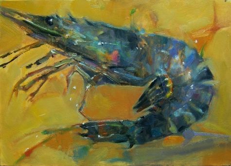 475x341 Shashimi' Kim Roberti's 5x7 Original Oil Still Life Of A Fresh - Shrimp Painting