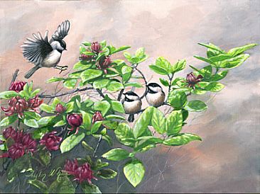 366x274 Sweet Shrub Bush With Chickadees - Shrub Painting