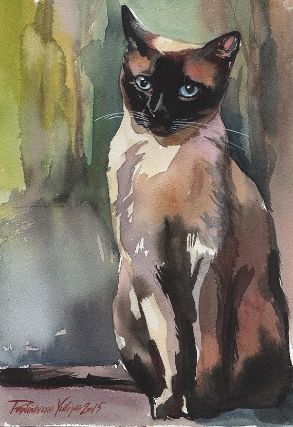 570x830 Original Watercolor Painting Cat Siamese Brown Kitty Kitten - Siamese Cat Painting
