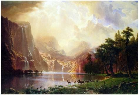 473x325 Albert Bierstadt Between The Sierra Nevada Mountains Art Print - Sierra Nevada Painting