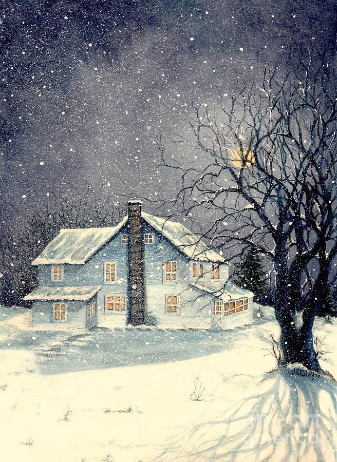 656x900 Winter's Silent Night Painting By Janine Riley Watercolor - Silent Night Painting