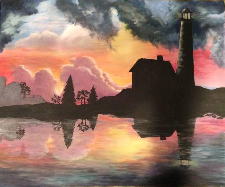 770x641 Saatchi Art Lighthouse Silhouette Painting By Maren Holm - Silhouette Painting