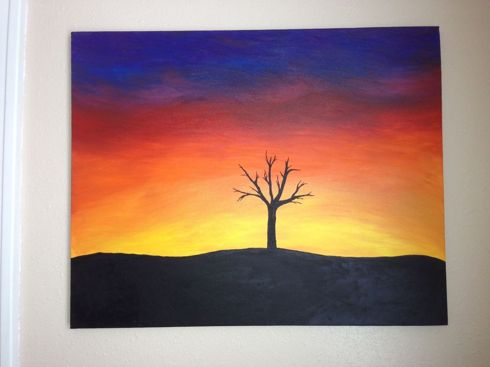 1000x750 The Lonely Tree Sunset Landscape Silhouette Original Oil Painting - Silhouette Painting