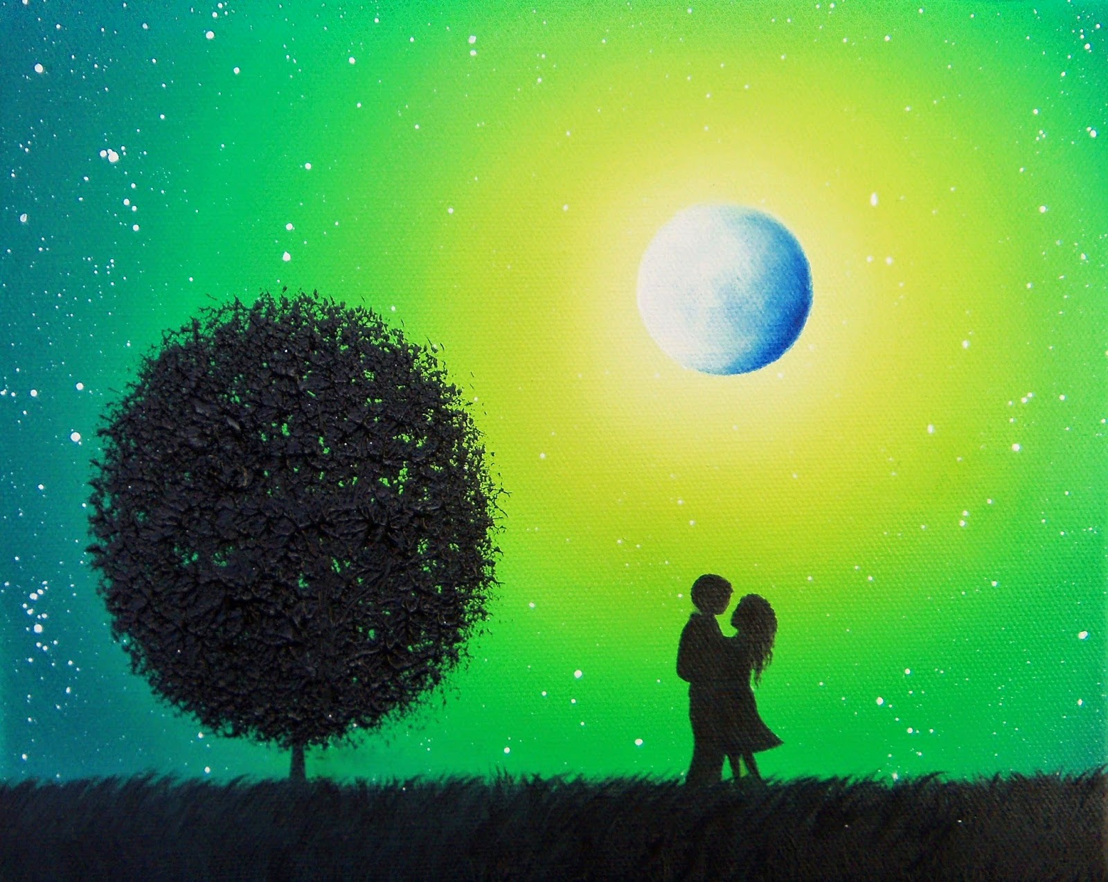 1600x1273 Green Night Silhouette Painting, Couple Painting Nightscape - Silhouette Painting Artists