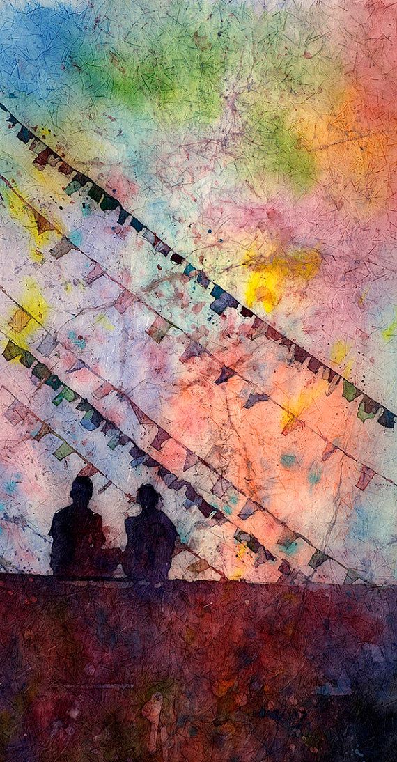 570x1094 Watercolor Batik Painting Of Silhouette Of People Sitting In Front - Silhouette Painting Artists