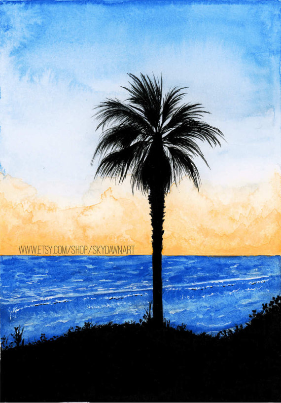 570x817 Palm Tree Seascape Silhouette Watercolor Painting Print - Silhouette Watercolor Painting