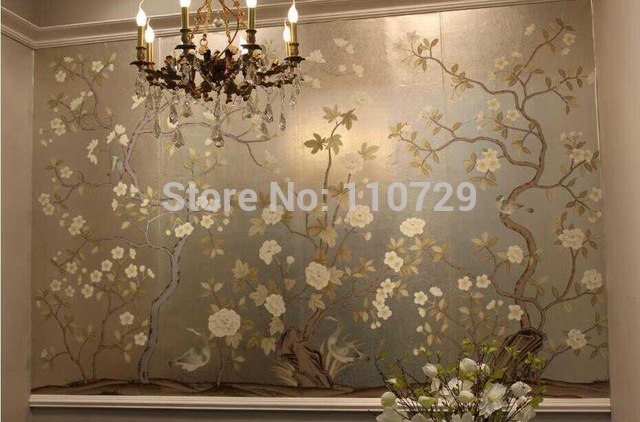 640x422 Hand Painted Silver Foil Wall Paper Painting Flowers With Birds - Silver Foil Painting