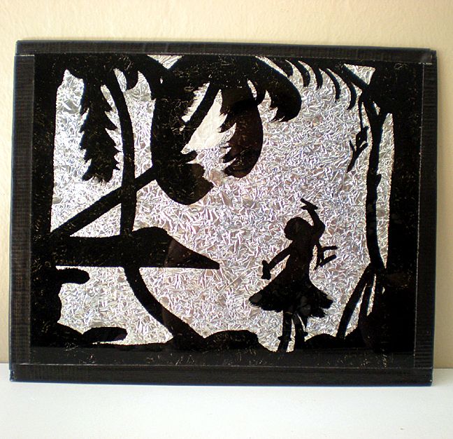 648x627 Reverse Painted Vintage Silhouette Picture Hula Girl Hawaii - Silver Foil Painting