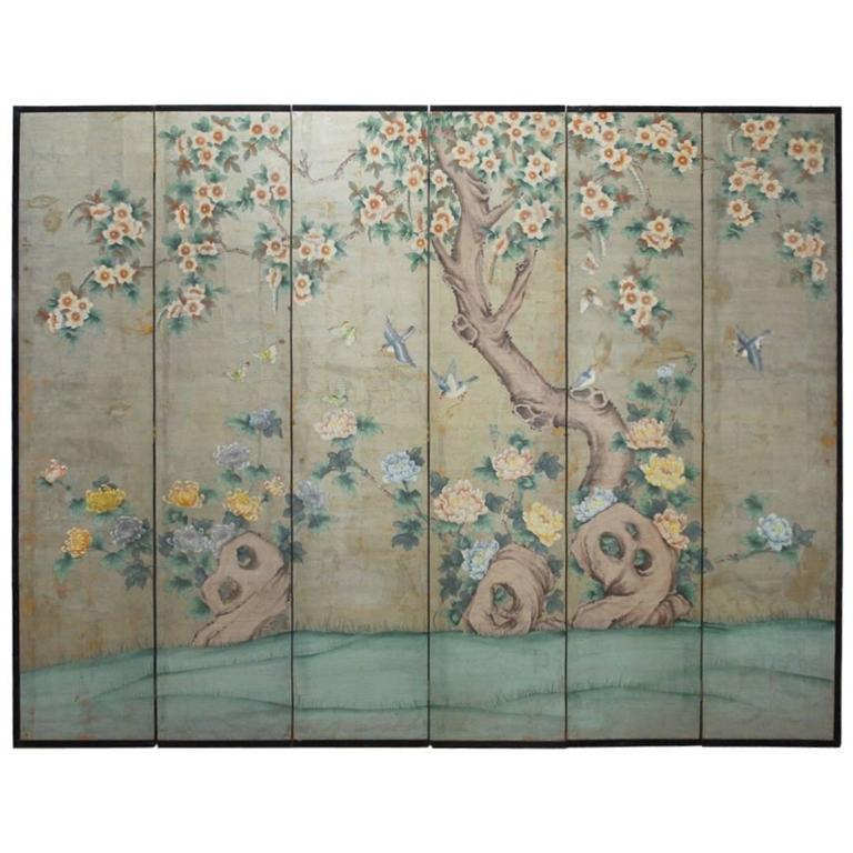 768x768 Chinoiserie Painted Silver Leaf Six Panel Wallpaper Screen Erin - Silver Leaf Painting