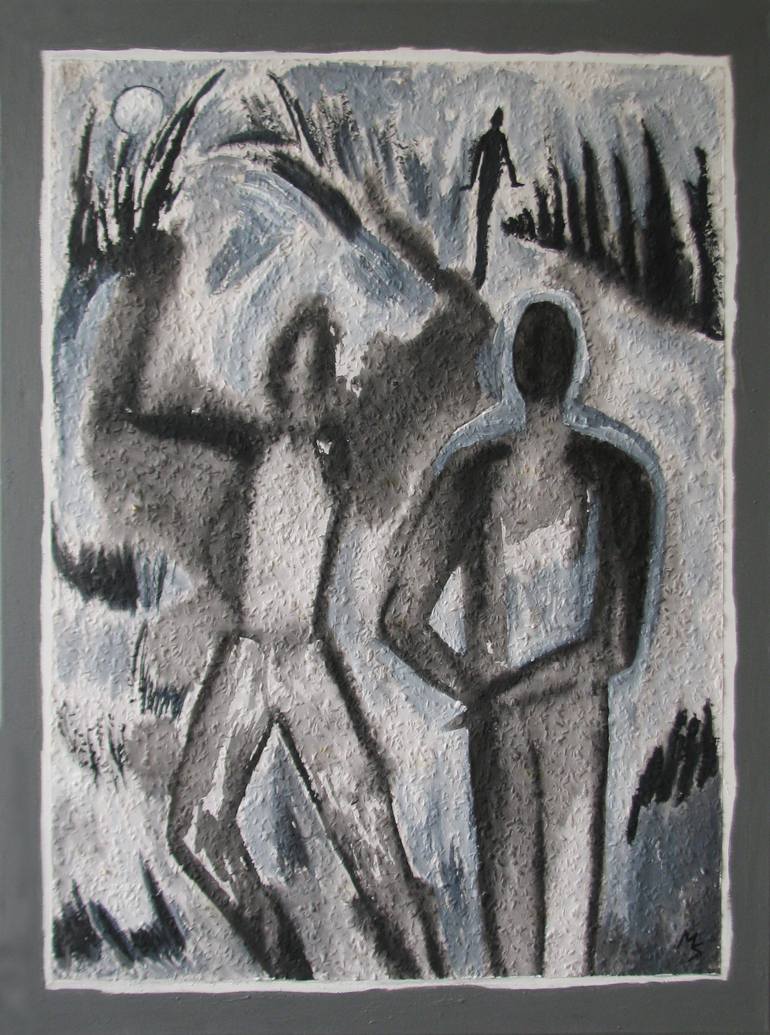 770x1035 Saatchi Art On The Way ! Three Persons In Silver Moonlight - Silver Moonlight Painting