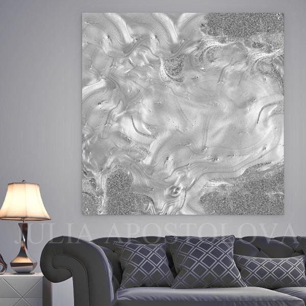 600x600 Minimalist Large Wall Art Gray Silver Abstract Print Painting - Silver Painting