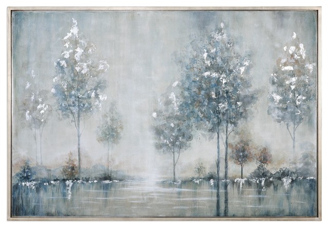 640x444 Silver Blue Trees Water Wall Art, Lake Painting - Silver Painting